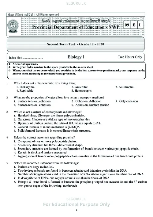Grade 12 Biology Second Term 2020 North Western Province (EM) thumbnail